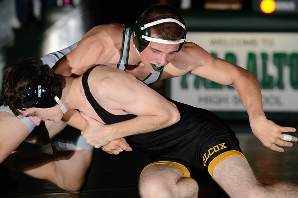 Lonsky maneuvers just before pinning his opponent. Paly won the dual, 58-13.