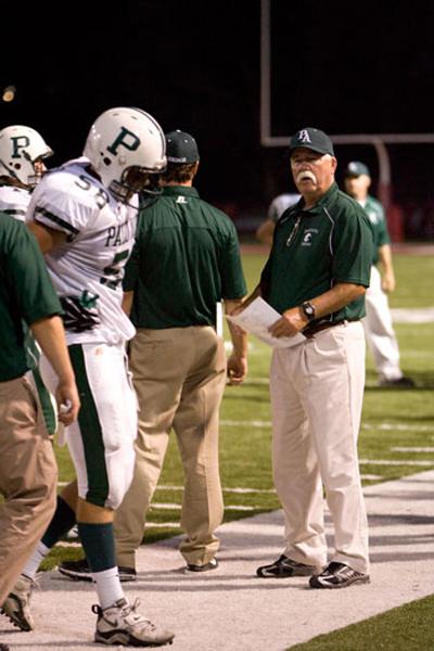 Coach Earl Hansen commands the Viking offense in the 2010 season against Archbishop Mitty. That season, the Vikings finished with a 14-0 record and won the state title. 