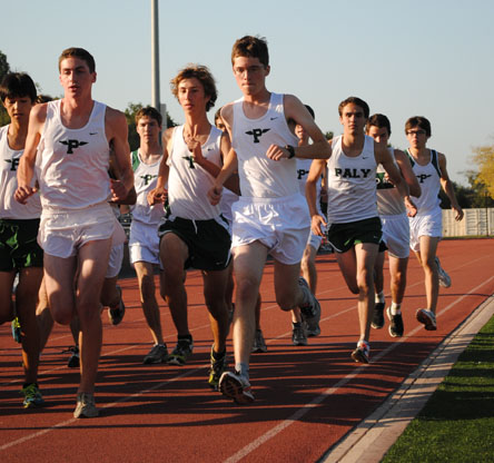 Runners Nikolai Solgaard (12), Ben Hawthorne (13) and Sam Carilli start off strong.  They placed first through third for Paly.  