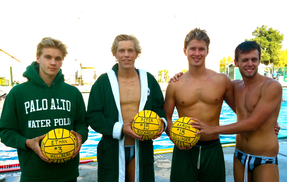 Seniors+Daniel+Armitano%2C+Ethan+Mellberg%2C+Peter+Rockhold%2C+and+Aaron+Zelinger+stand+before+the+Paly+pool+together+on+their+senior+night.