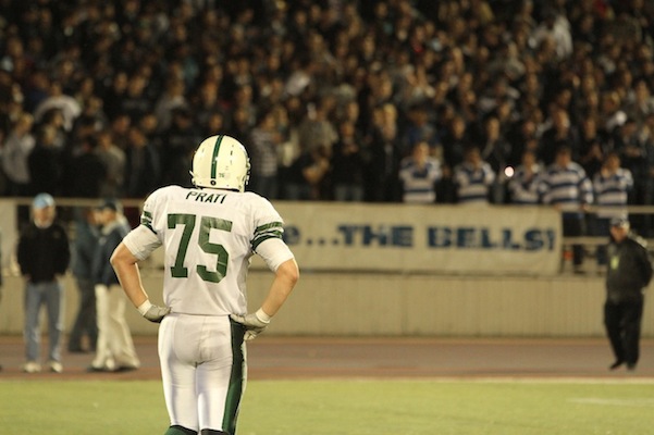 Lineman Tory Prati (‘12) stares at the Bellarmine crowd at the CCS Open Division playoff game. 