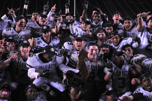With tonights win over Centennial at the Home Depot Center in Carson, Calif., the 2010 Vikings go down in Paly history with an unmatched 14-0 record and the schools first ever state championship. The team graduates nine starters from this years squad. Photo by Alex Kershner.