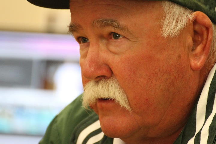Head+football+coach+Earl+Hansen+speaks+to+members+of+The+Viking.+This+year+is+the+40th+anniversary+of+his+mustache%2C+as+well+as+his+25th+year+at+Paly.
