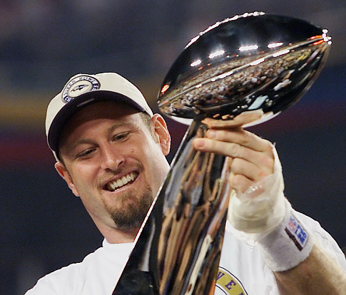 Trent Dilfer gazes at his Super Bowl XXXV trophy as a Baltimore Raven in 2001. Dilfer talked with a couple of Viking staff members Friday night during the Paly boys teams victory over Mountain View.