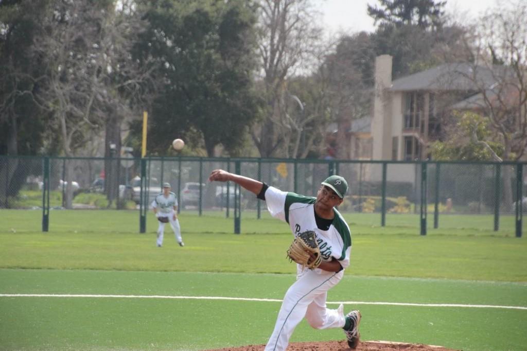 Rohit Ramkumar (13) fires a pitch for the Vikings. Ramkumar threw six strong innings, giving up only one run en route to Palys 2-1 victory over Maria Carrillo. 