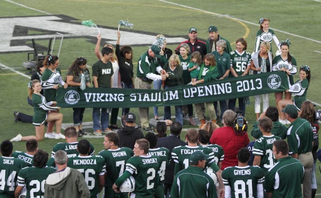 Palo Alto High School principal Kim Diorio and head coach Earl Hansen cut the ribbion to the new Viking Stadium during the Friday night football game vs. San Benito. Jim Harbaugh was in attendence for the coin toss before the game. The Vikings deafted the Haybalers 28-7.