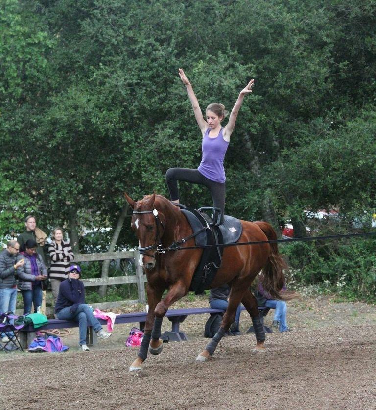 Irene Ezran (14) performs one of her moves on the horse during a competition.  A freestyle routine consists of a series of 10 moves in one minute.  