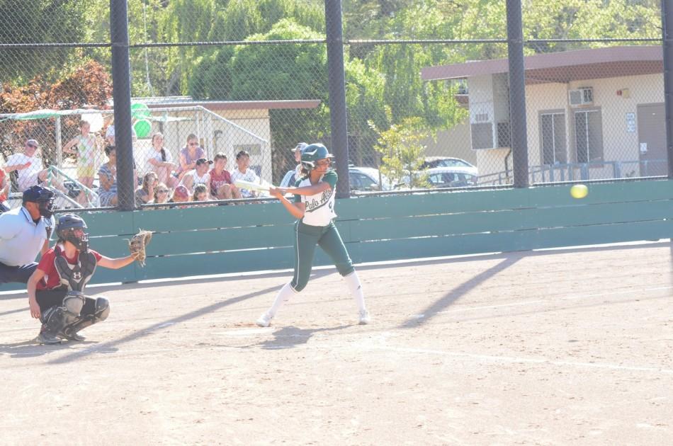 Kabria Dame (15) swings at a pitch. The Vikings would go on to win 8-3 against Fremont