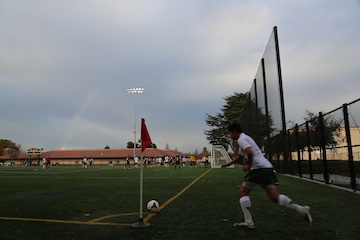 Roberto Soltero (16) takes a corner kick. Paly started off its season with a strong win, dominating over Milpitas 6-0.