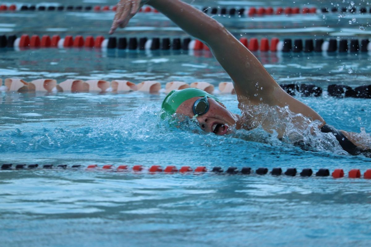 Freshman Sabrina Meyers swims the 100 freestyle. Photo by Grace Gormley.