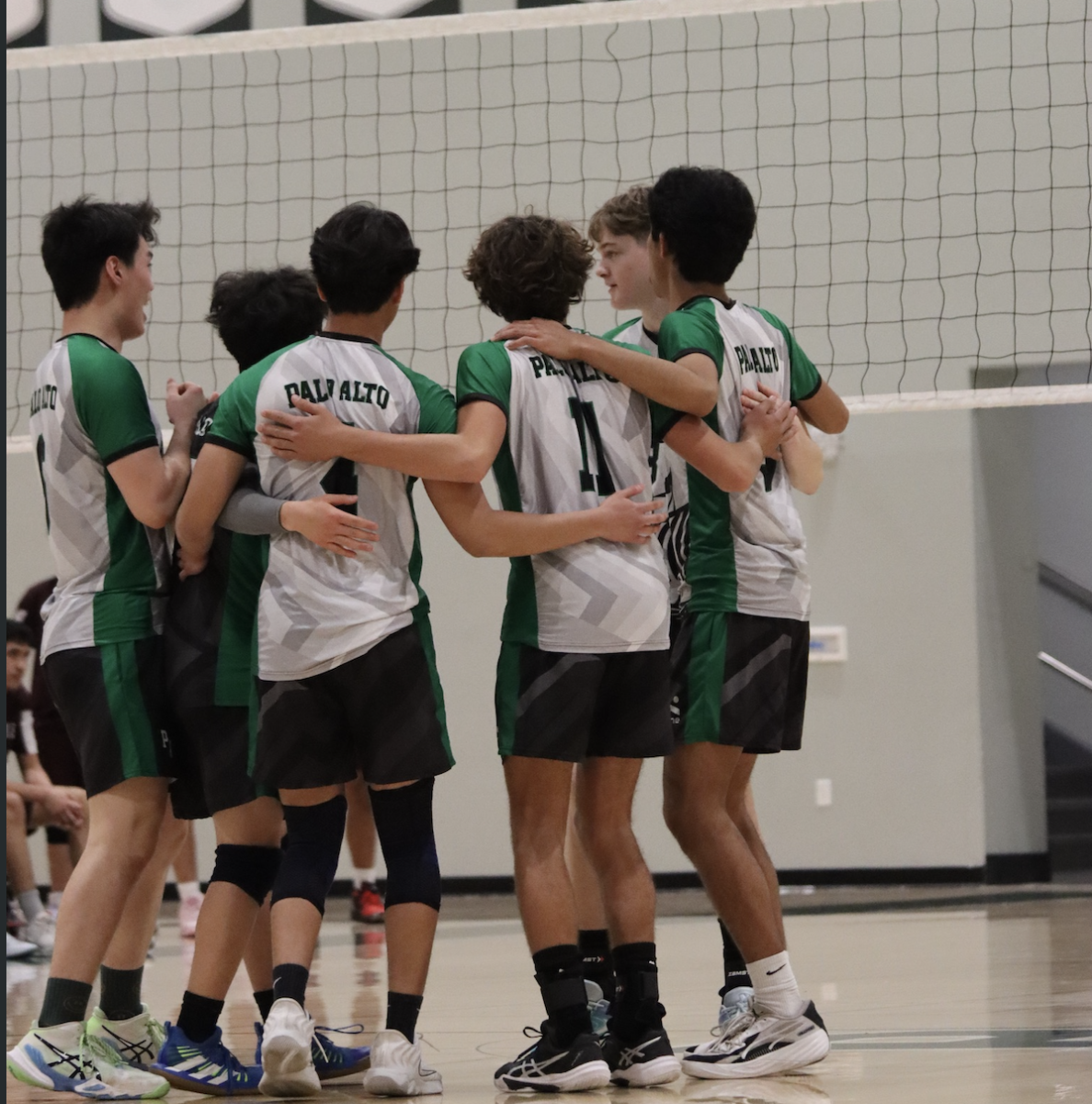 Paly boys's varsity volleyball huddles up after winning a tough point. 